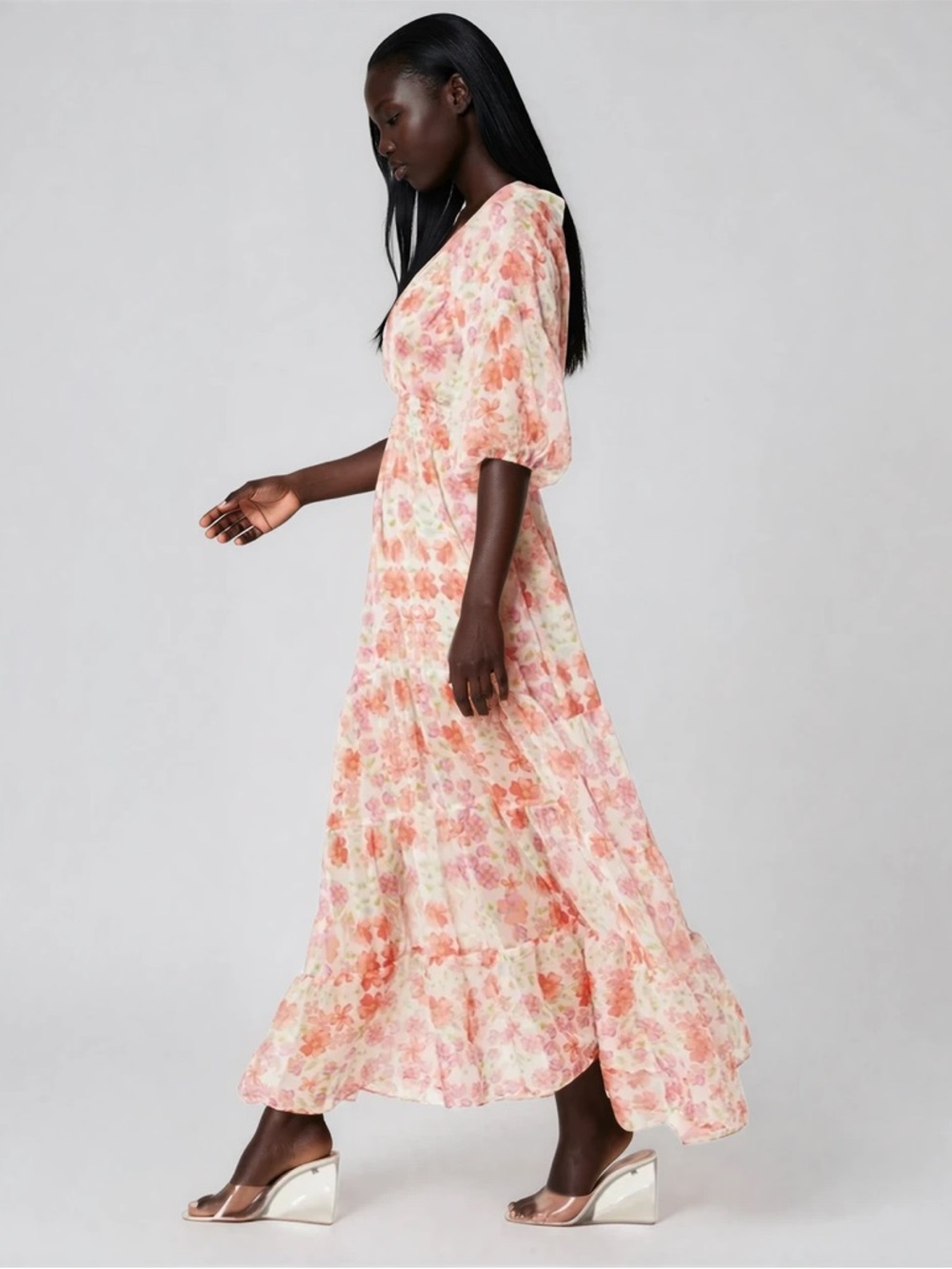 MISA Watercolor Floral Maxi Dress Smocked Waist Tie Back Boho size S